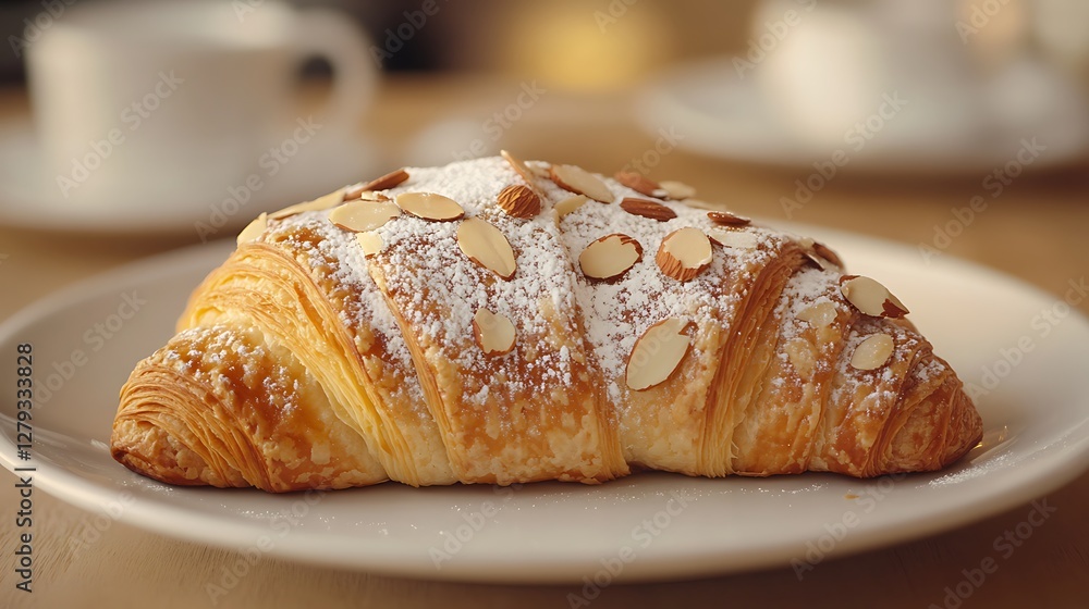 A warm, buttery croissant topped with powdered sugar and sliced almonds A warm, buttery croissant topped with powdered sugar and sliced almonds