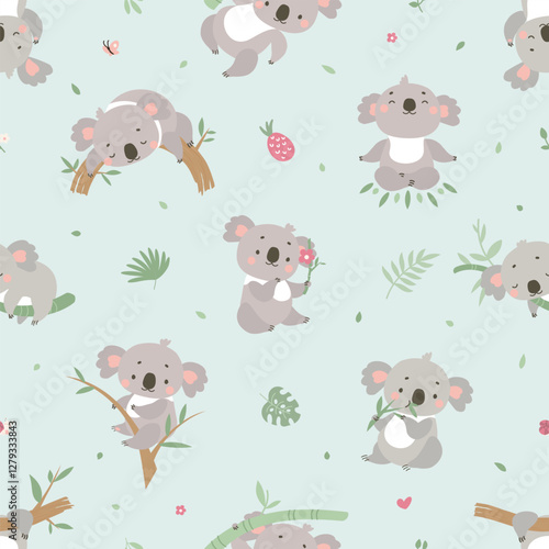 Koala print seamless pattern. Stylish baby backdrop with australian animals. Funny koalas, fabric wallpaper wrapping print, nowaday vector background
