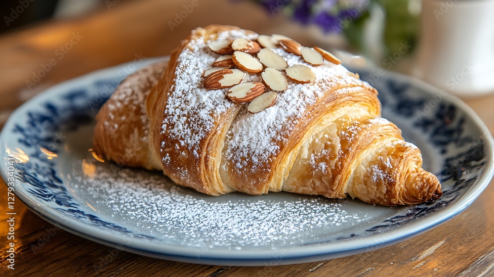 A warm, buttery croissant topped with powdered sugar and sliced almonds A warm, buttery croissant topped with powdered sugar and sliced almonds