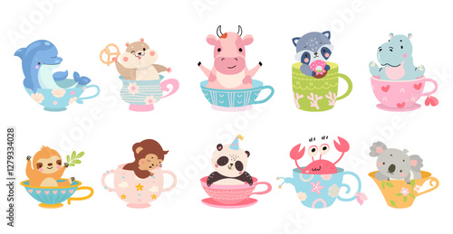 Animals sitting in mugs. Different animal looking from cups. Cartoon positive hamster and dolphin, sleeping monkey, birthday panda, nowaday vector set
