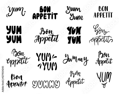 Bon appetit lettering. Yum yum doodle text, handwritting design. Tasty food stickers for menu, banners, cards, packaging. Decorative neoteric vector graphic