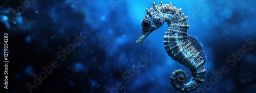A seahorse swimming in the deep blue sea, macro photography, blurred background,