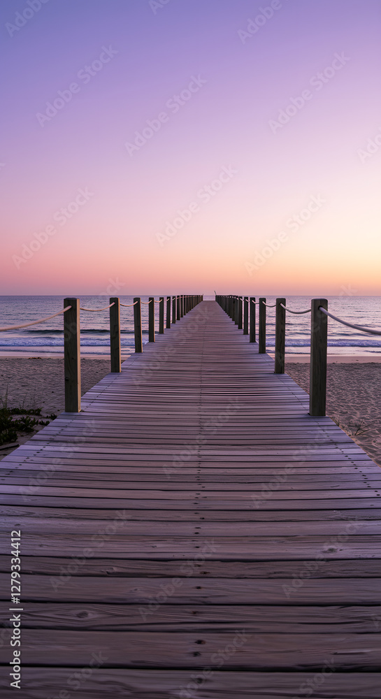 Obraz premium A serene wooden boardwalk leading to a tranquil beach at sunset. The sky is painted in soft pastel colors, with fluffy clouds scattered above. The calm ocean waves gently lap at the shore.