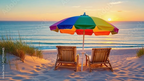 Close-up of colorful sun umbrella and sun loungers on sea, ocean background. Vacation, travel, tourism, background, screensaver
