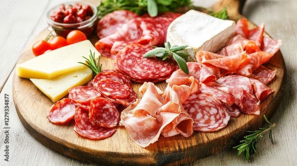Charcuterie Board with Cheese, Meats, and Fresh Ingredients Displayed Charcuterie Board with Cheese, Meats, and Fresh Ingredients Displayed