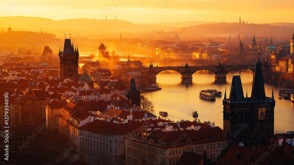 Naklejka premium Sunset Over the River With Colorful Clouds and Historic Architecture Lining the Shore During a Peaceful Evening