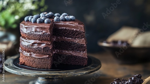 Decadent Chocolate Cake with Fresh Blueberries on Rustic Stand
