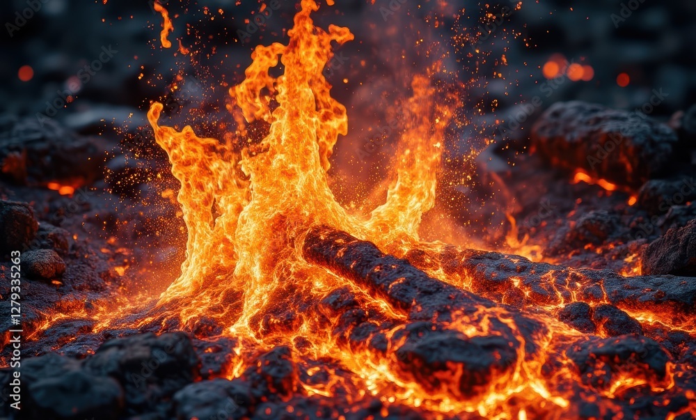 Lava eruption with fiery splashes Lava eruption with fiery splashes