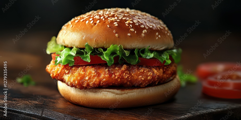 Juicy fried chicken sandwich with fresh lettuce and tomato on a sesame seed bun served on a wooden table Juicy fried chicken sandwich with fresh lettuce and tomato on a sesame seed bun served on a wooden table