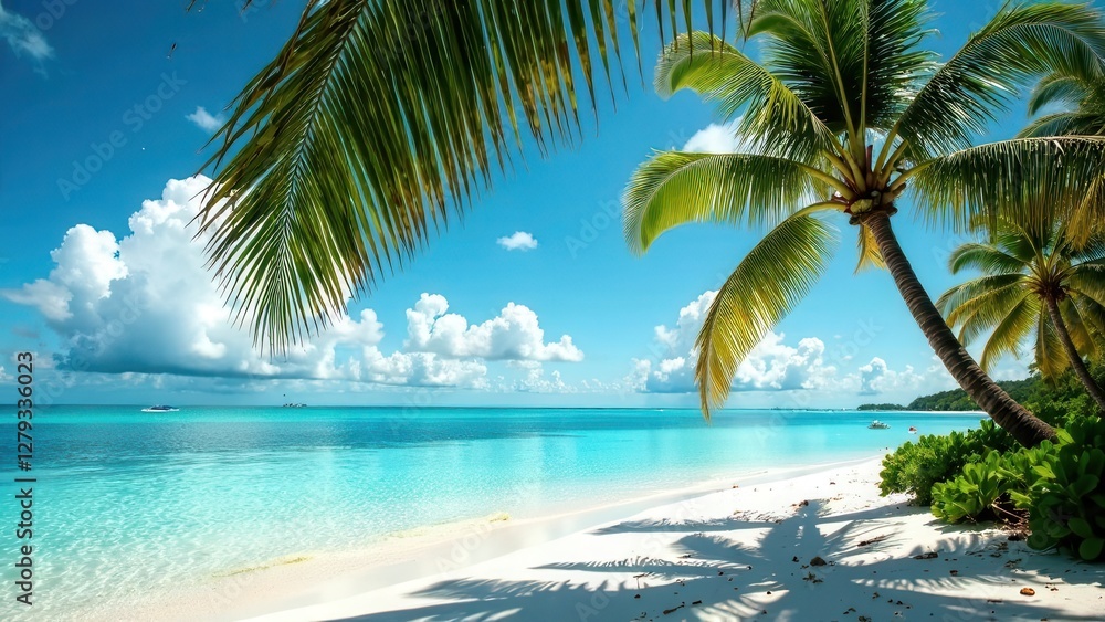 Fototapeta premium Coast. Sandy seashore. Palm trees. Sunlight.