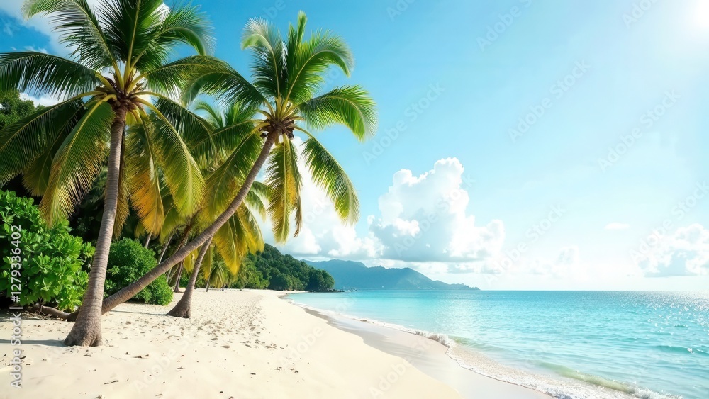 Obraz premium Coast. Sandy seashore. Palm trees. Sunlight.
