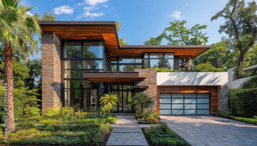 Modern stone & wood house, lush landscaping. Ideal for real estate, architecture, and luxury home websites. Modern stone & wood house, lush landscaping. Ideal for real estate, architecture, and luxury home websites.