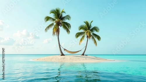 Lonely island in the middle of the ocean with two palm trees and a hammock. Travel, tourism, recreation, background, screensaver