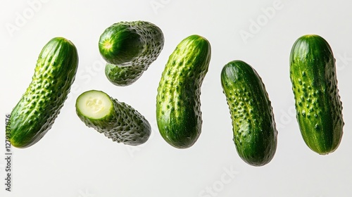 Fresh Cucumbers Levitating Against White Background photo