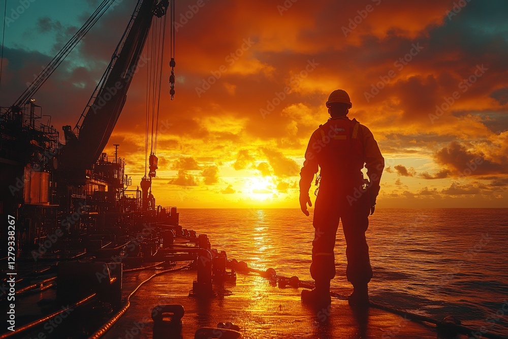 Fototapeta premium Silhouetted worker on an oil tanker at sunset, gazing at the ocean. Dramatic, fiery sky. Industry, hard work, and perseverance concept.