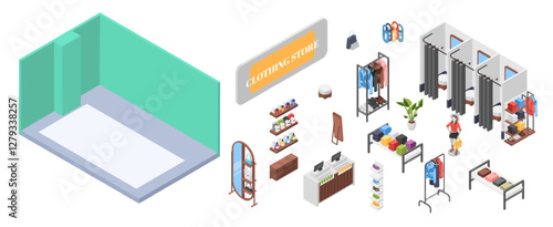 Clothing store location and elements. Isometric furniture for boutique, fitting room, cashier, shelves for clothes and shoes. Industrial interior design vector set