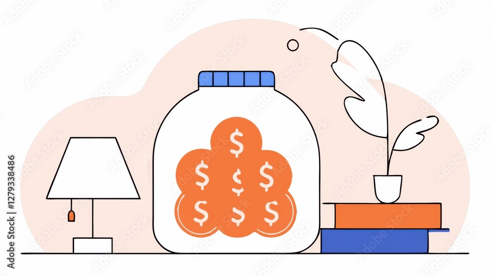 Illustration of a large glass jar filled with glowing gold coins, a lamp, a potted plant, and books. Simple line art style with warm color palette. Illustration of a large glass jar filled with glowing gold coins, a lamp, a potted plant, and books. Simple line art style with warm color palette.