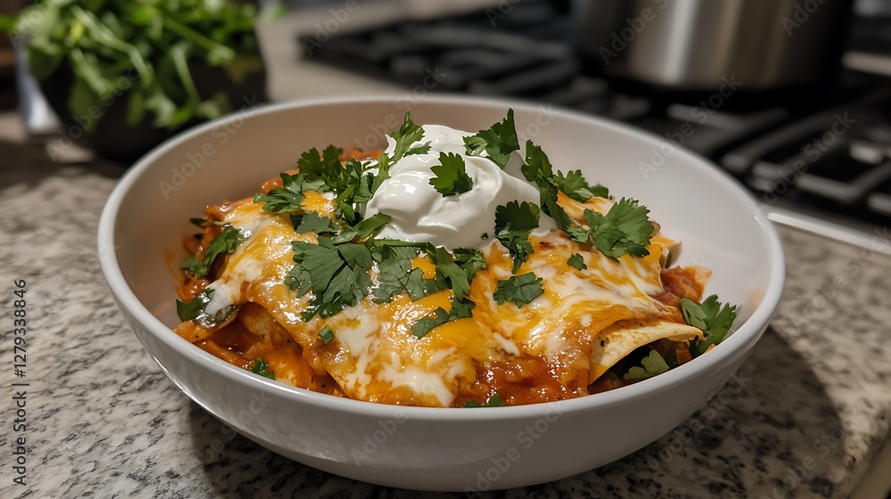 A warm, cheesy enchilada topped with sour cream and fresh cilantro A warm, cheesy enchilada topped with sour cream and fresh cilantro