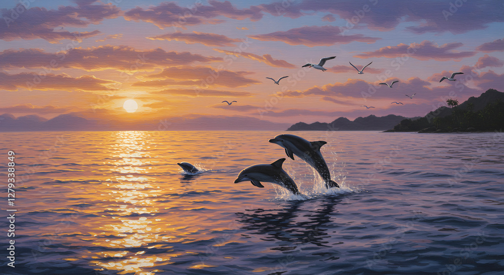 Fototapeta premium The painting realistically depicts the Pacific Ocean with dolphins playing against the backdrop of a sunset.