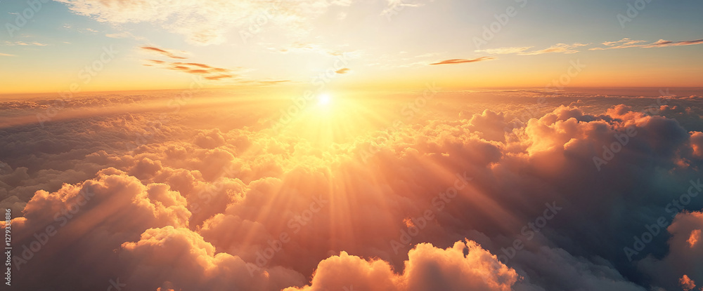 Aerial view of a stunning sunset over a sea of clouds, with golden rays of light piercing through, symbolizing serenity, beauty, and the vastness of the sky. Aerial view of a stunning sunset over a sea of clouds, with golden rays of light piercing through, symbolizing serenity, beauty, and the vastness of the sky.