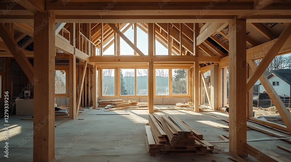Interior Framing in a House Construction Project with Timber and Lumber Interior Framing in a House Construction Project with Timber and Lumber