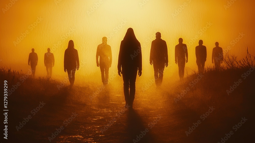 Fototapeta premium Silhouette figures walking in golden hazy light, mystery, eerie, outdoors