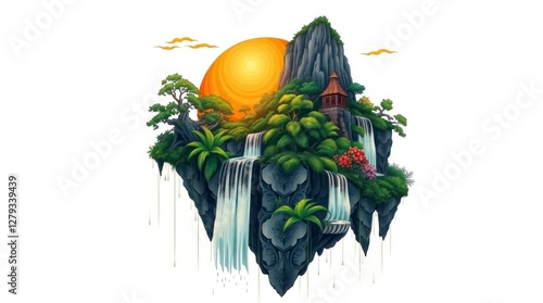 Floating Island Waterfall Sunset Landscape Art Print