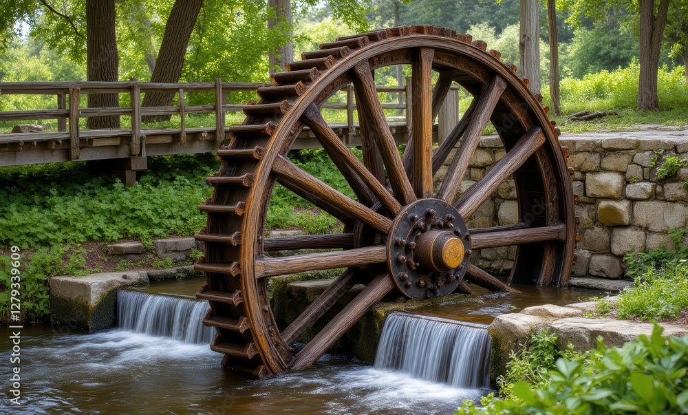 Rustic water wheel in serene nature setting Rustic water wheel in serene nature setting