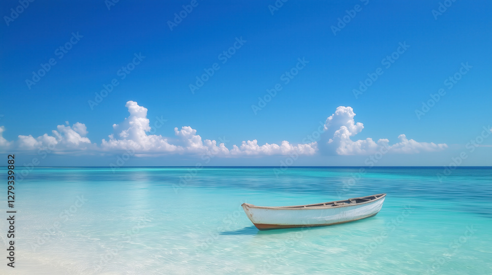 Naklejka premium Serene boat floating in crystal clear waters tropical beach paradise