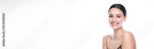 Obraz na płótnie Banner with beauty portrait of young beautiful smiling woman against white background. w salonie