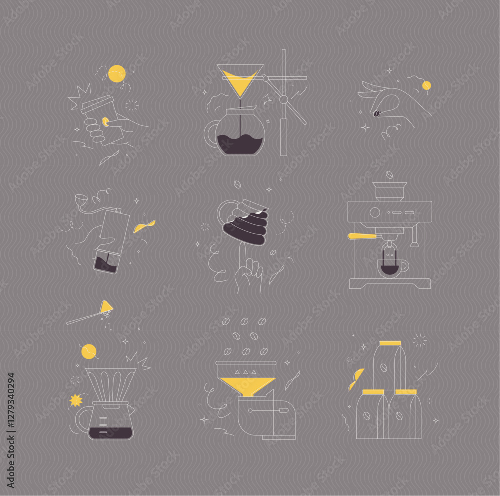 Coffee symbols set cup, pot, grinder, bean, machine, pot, mill, pack drawing in minimalist style on brown background