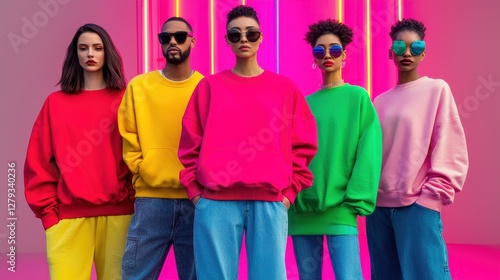 Wallpaper Mural A vibrant group of five people in colorful sweatshirts, posing confidently against a bright backdrop with neon lights. Torontodigital.ca