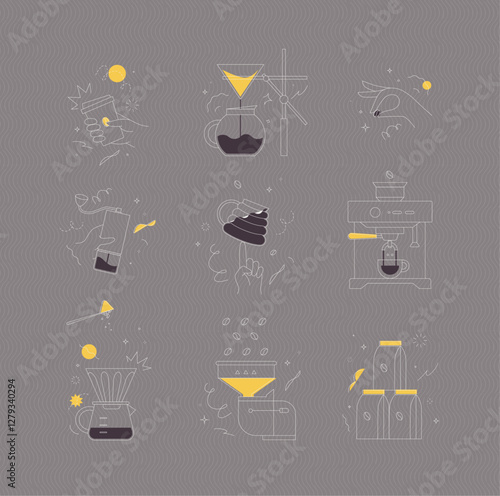 Obraz na płótnie Coffee symbols set cup, pot, grinder, bean, machine, pot, mill, pack drawing in minimalist style on brown background w salonie