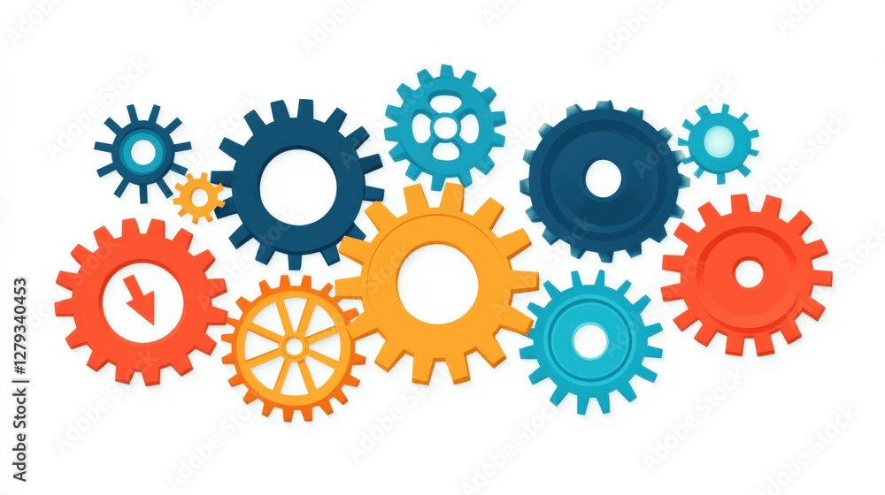 Colorful gears interlocking in a creative design, symbolizing teamwork and innovation in industry
