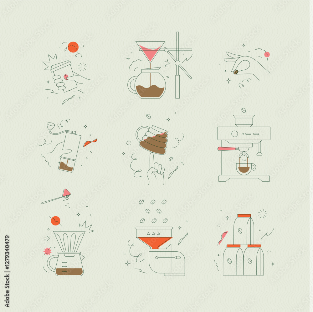Coffee symbols set cup, pot, grinder, bean, machine, pot, mill, pack drawing in minimalist style on light background