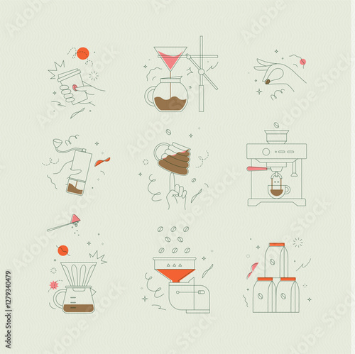 Obraz na płótnie Coffee symbols set cup, pot, grinder, bean, machine, pot, mill, pack drawing in minimalist style on light background w salonie