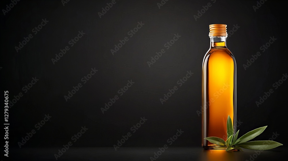 Golden oil bottle on dark background. A healthy cooking essential. Golden oil bottle on dark background. A healthy cooking essential.