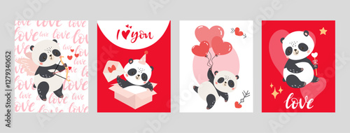 Love cards template. Funny panda with hearts, romantic postcards with handwritten text i love you. Cute covers, posters, banners, vector background