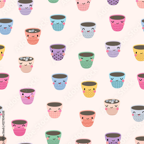 Plant pots seamless pattern. Kawaii funny emotional pot, gardening equipments. Decorative print design for fabric, website, wrapping, vector background