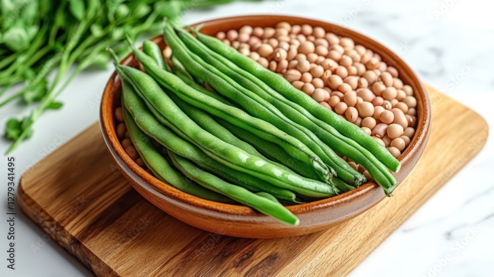 Fresh green beans and soy beans in a bowl on a cutting board Fresh green beans and soy beans in a bowl on a cutting board