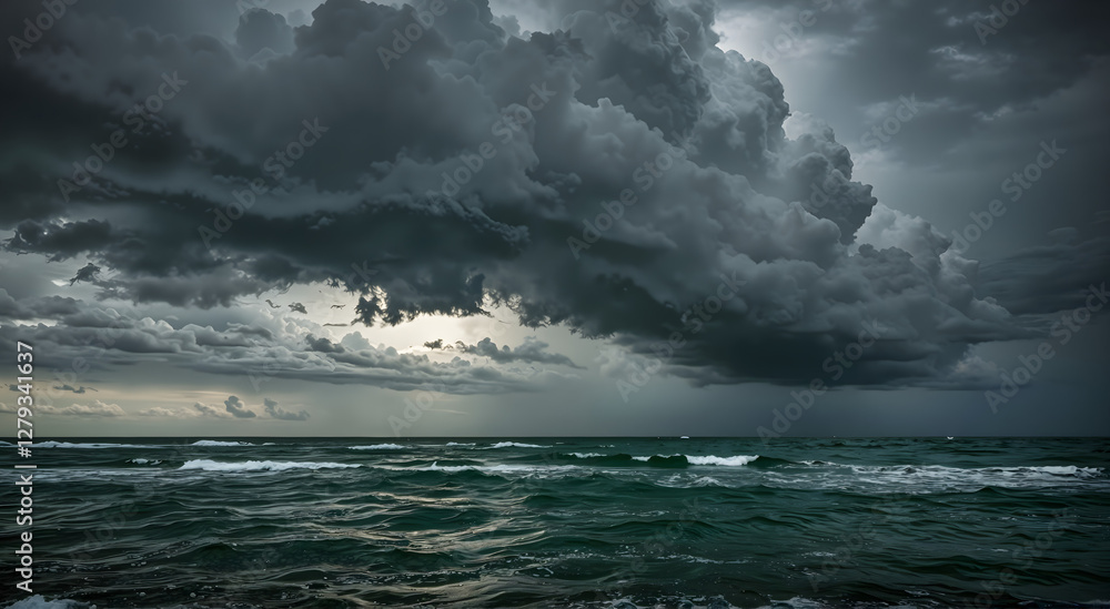 Obraz premium Dramatic stormy clouds over dark ocean waves