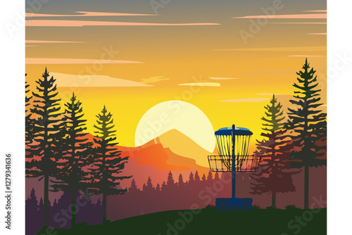 Disc Golf Basket in sunset with mountains