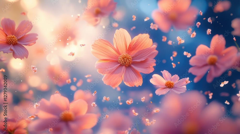 Pink flowers flying on blue background. Bright background, spring concept Pink flowers flying on blue background. Bright background, spring concept
