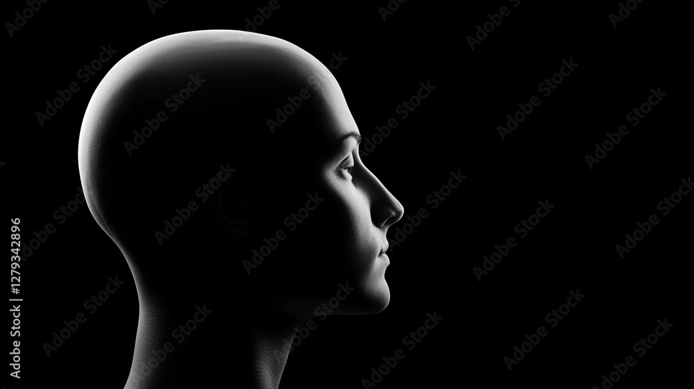 Silhouette of a woman's head and shoulders against a dark background. The grayscale image emphasizes her profile. Silhouette of a woman's head and shoulders against a dark background. The grayscale image emphasizes her profile.