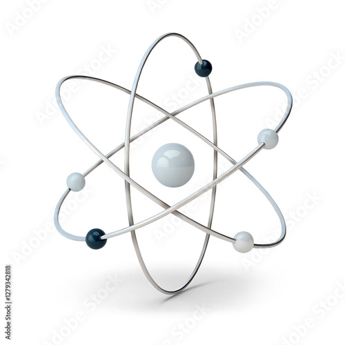 A classical representation of the atom with its nucleus and spinning electrons, isolated with a transparent background and shadow