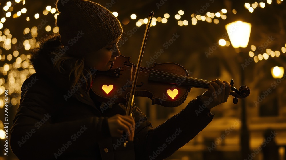 Fototapeta premium Young woman playing violin outdoors with festive lights at night