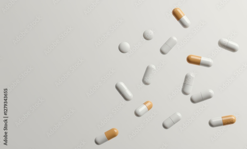 Assorted capsules scattered on light background Assorted capsules scattered on light background