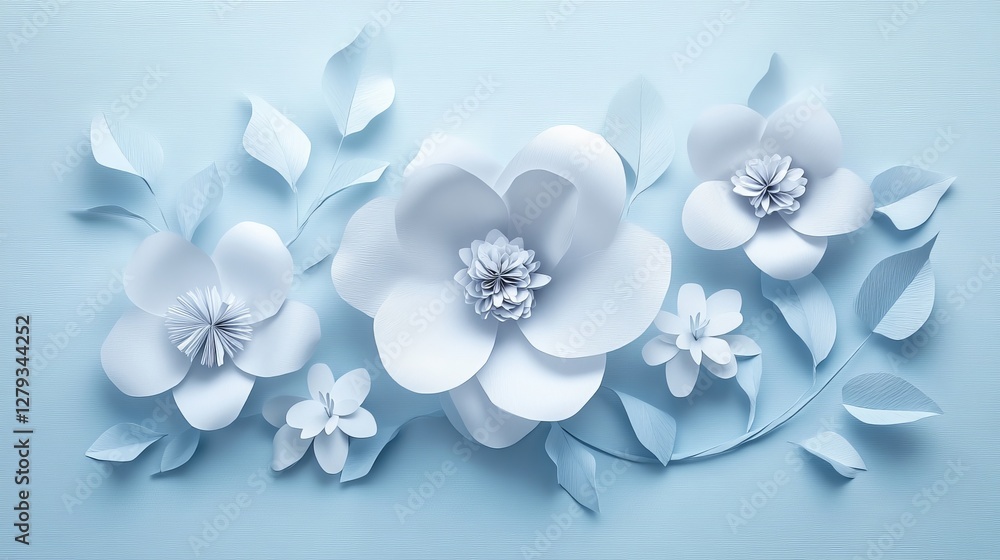 Elegant White Paper Flowers on Light Blue Background, Delicate Origami Floral Decoration, Handmade Art, Blooming Concept, Tender and Tranquil Artistic Elegant White Paper Flowers on Light Blue Background, Delicate Origami Floral Decoration, Handmade Art, Blooming Concept, Tender and Tranquil Artistic