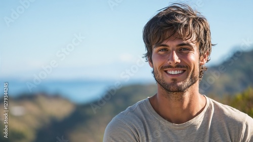 Cheerful young man in casual wear against mountain landscape. Ideal for outdoor lifestyle, adventure travel, or wellness content.