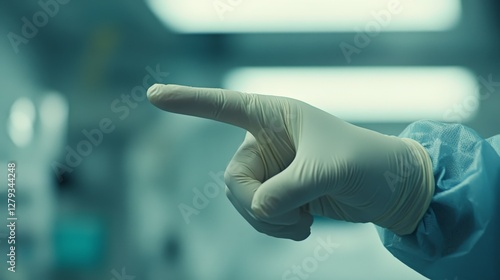 A person wearing a white glove points to the camera. The image has a clinical and sterile feel to it, with the person's hand and the glove being the only visible elements